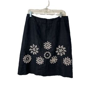 Carole Little Skirt Womens Size 10 Black Linen A-Line Embroidered Hem High Rise